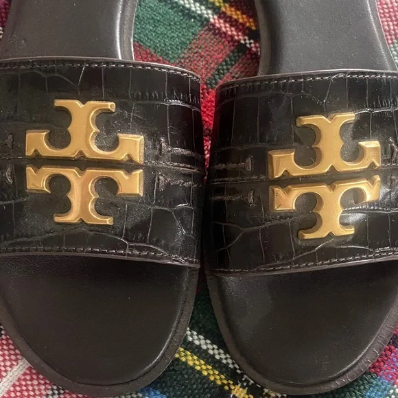 Tory Burch Brown Croc-Embossed Leather Slide Sandals with Gold Logo - Picture 2 of 3